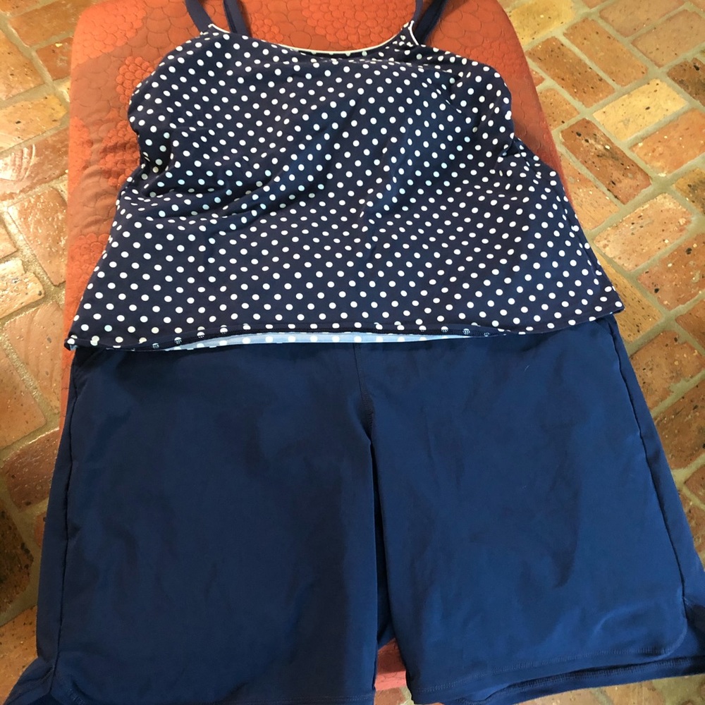 Lands' End Navy & White Polka Dot Tankini with Navy Swim Shorts